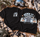 Send It Factory kids snowboard tee in black with mountain lodge back print
