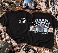 Send It Factory kids snowboard tee in black with mountain lodge back print