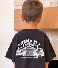 Send It Factory kids snowboard graphic tee with Boards in, Good times out signs